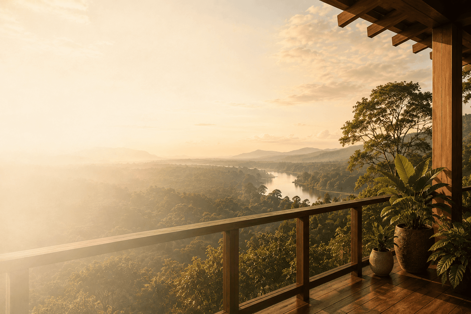 Sunrise mountain view from a wooden terrace in Sri Lanka