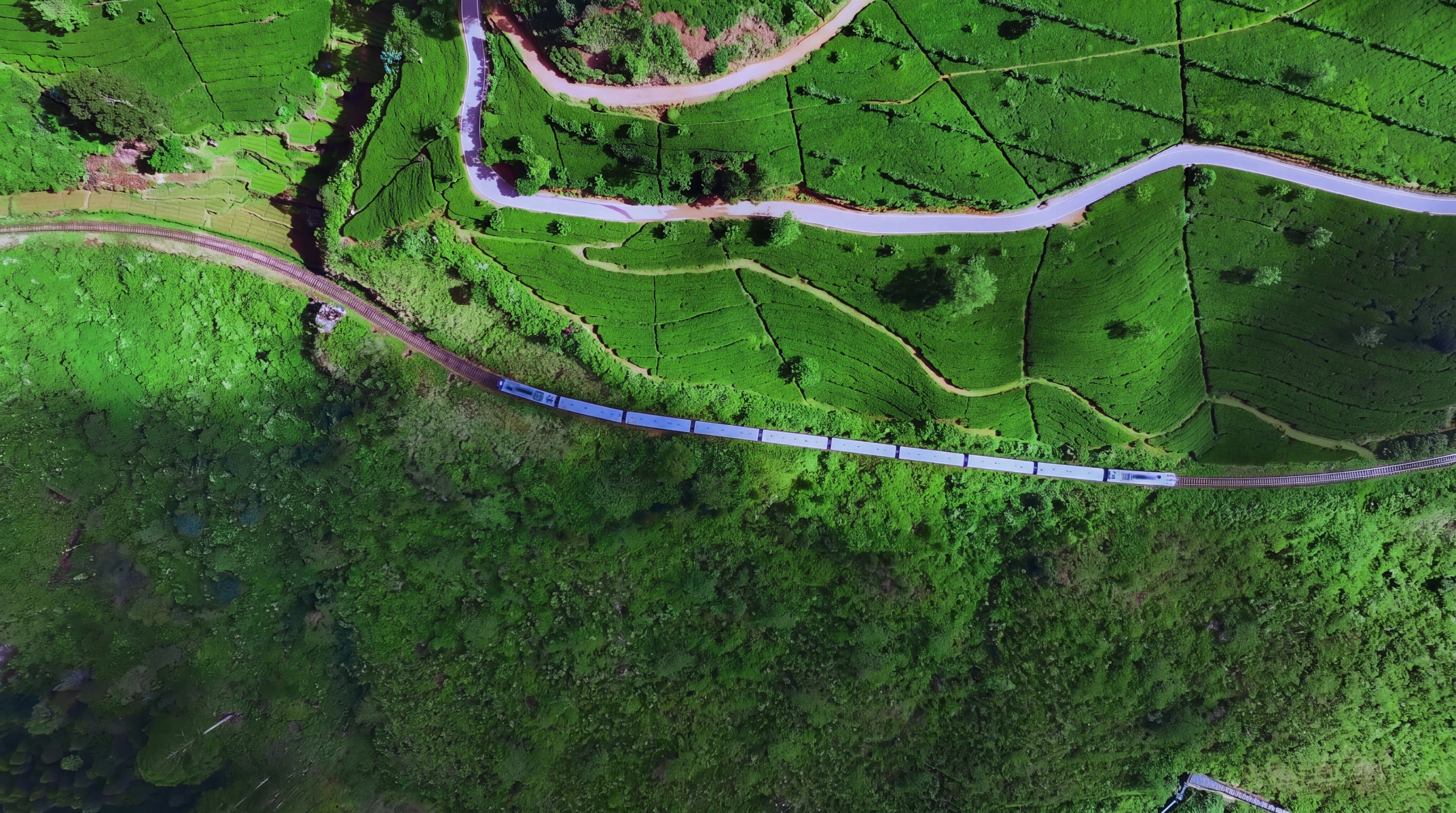 Train crossing a stone arch bridge through Sri Lanka's hill country