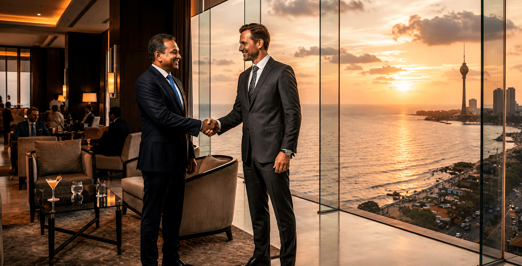 Fineway Travel partners shaking hands overlooking a coastal city sunset