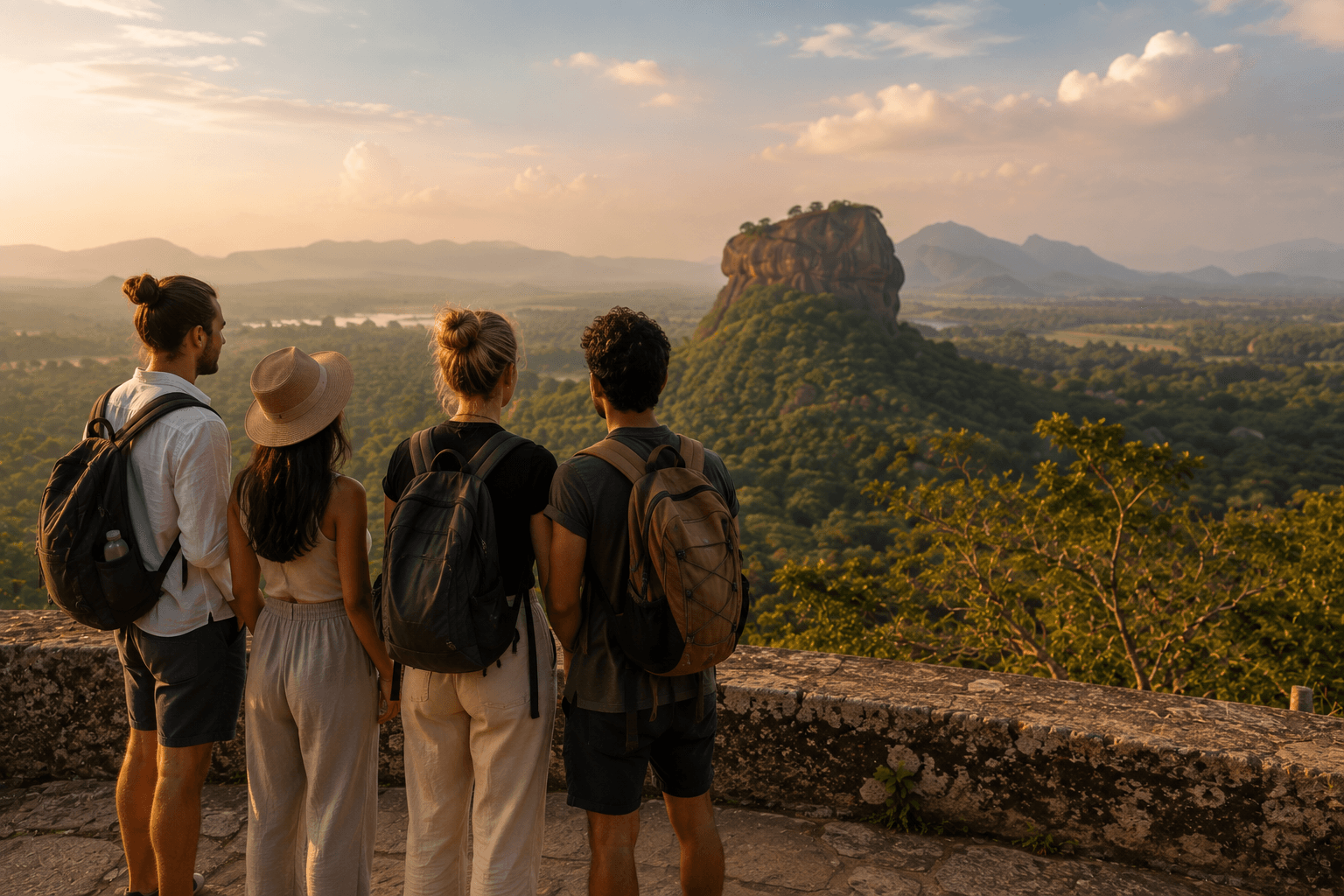 Travelers overlooking a Sri Lankan landscape at golden hour