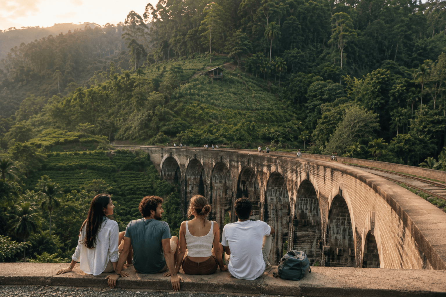 Misty mountains and railway in Sri Lanka's highlands