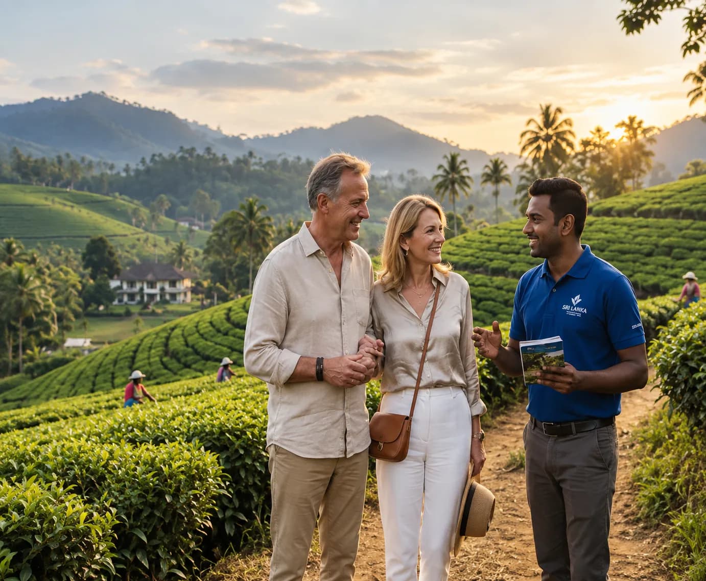 Senior travellers exploring a tea plantation with a local guide