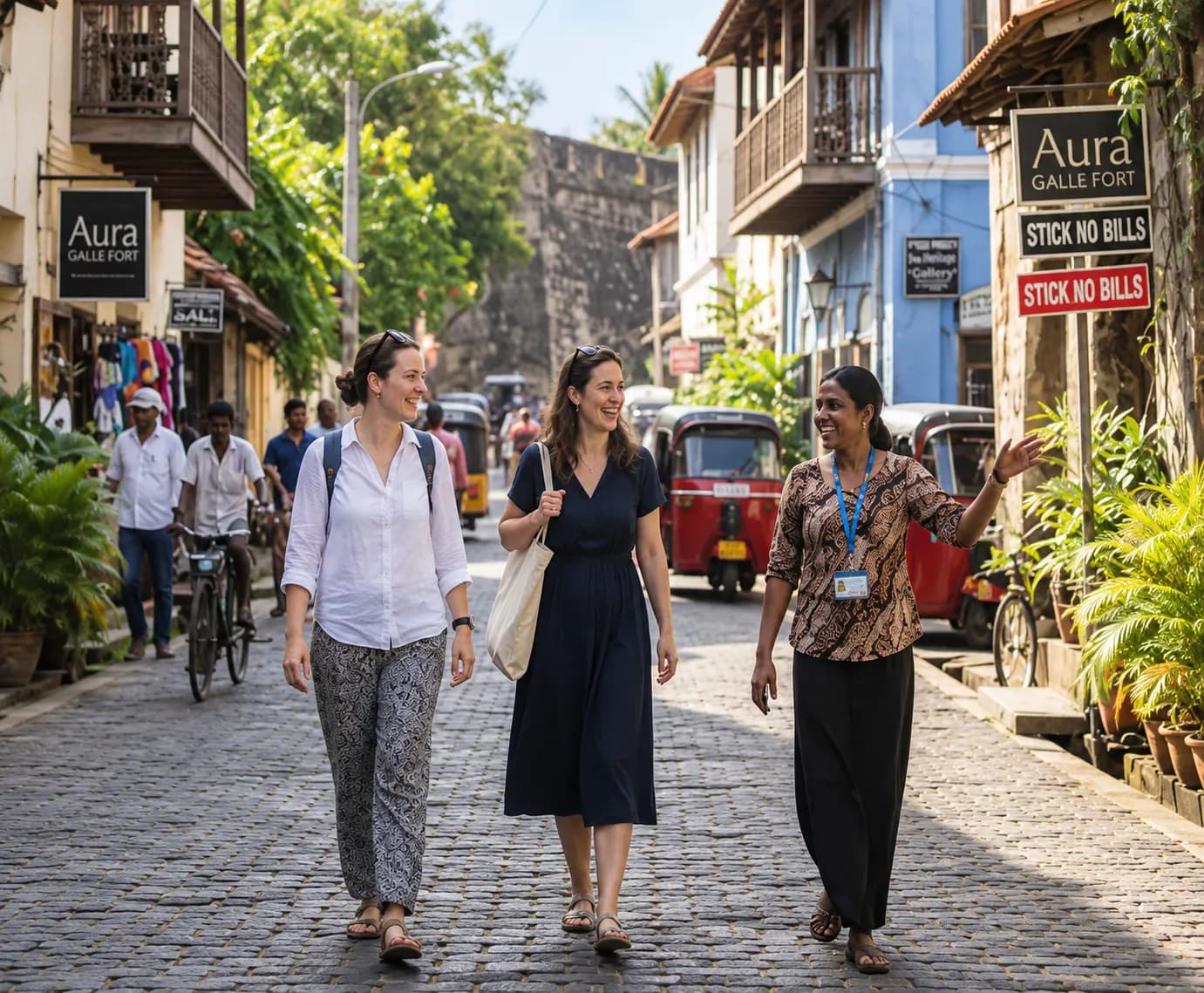 Women travellers walking through a historic Sri Lankan town